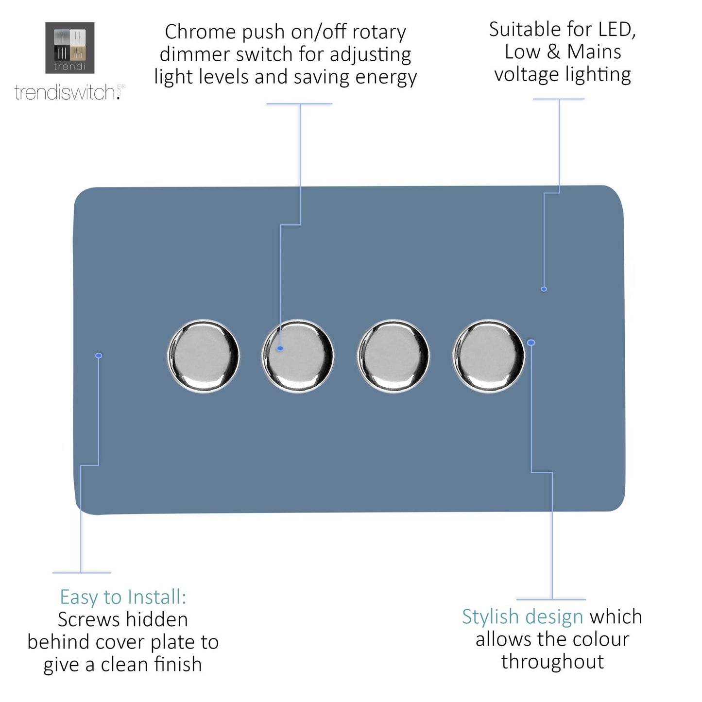 Trendi 4 Gang 2 Way 240V 100w LED Dimmer Screwless Raised Front Plate Plastic Artistic Modern Glossy 10 Amp Chrome Single Electrical Wall Light Switch in Sky - ART-4LDMSK