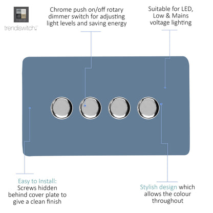 Trendi 4 Gang 2 Way 240V 100w LED Dimmer Screwless Raised Front Plate Plastic Artistic Modern Glossy 10 Amp Chrome Single Electrical Wall Light Switch in Sky - ART-4LDMSK