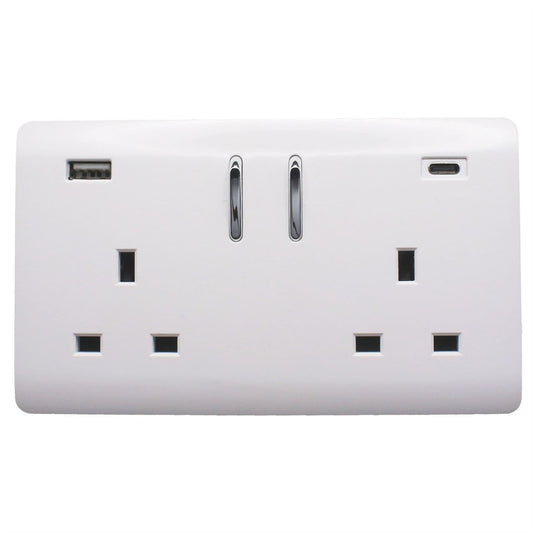 Trendi 2 Gang Artistic Modern Glossy 13 Amp 2 x Type A & C 3.1A USB Switched Plug Socket Ice White