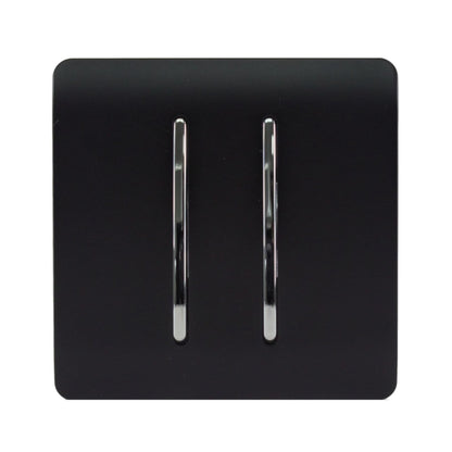 Trendi 2 Gang (2 Way & 3 way Intermediate) 240V Screwless Raised Front Plate Plastic Artistic Modern Glossy 10 Amp Chrome Rocker Double Electrical Wall Light Switch Matt Black - ART-SS29MBK
