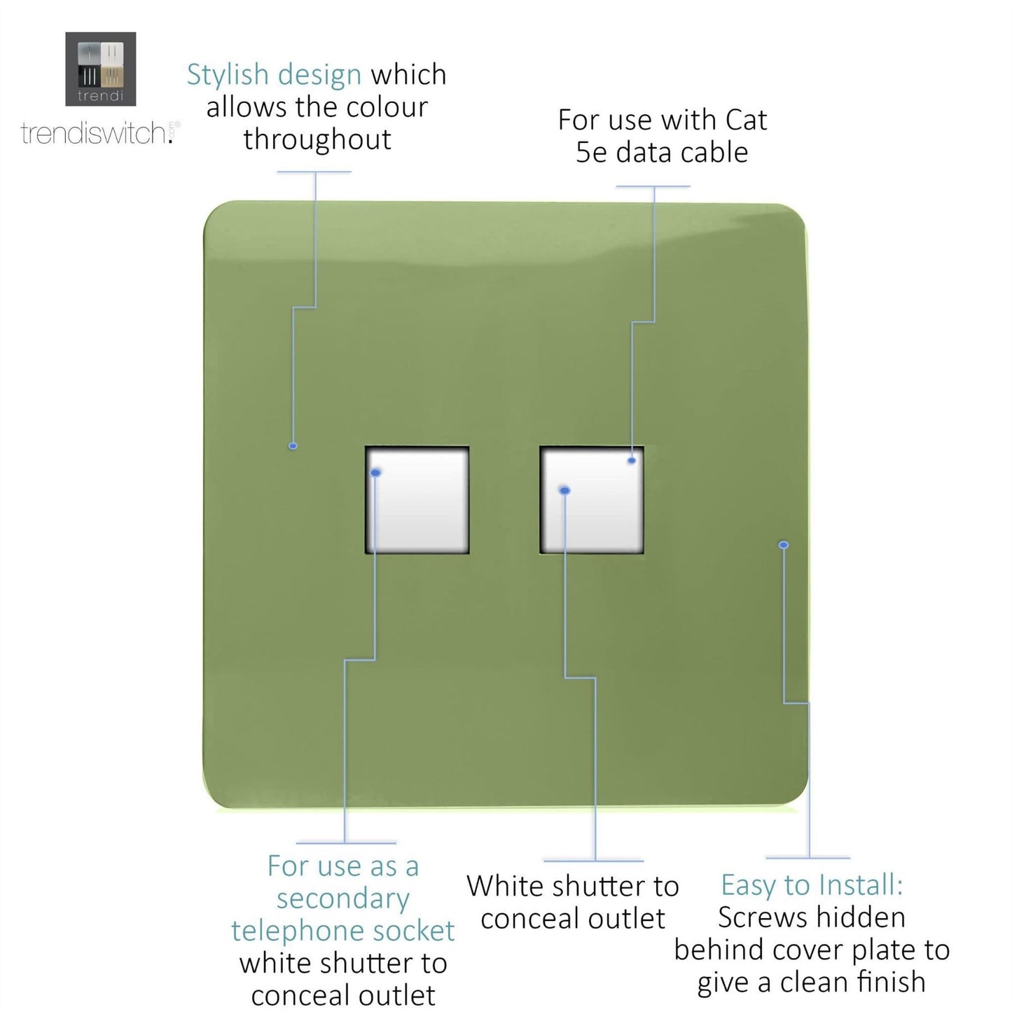 Trendi Artistic Modern Glossy Tactile Telephone Socket + Cat 5e&Cat 6 RJ45 PC Socket Moss Green