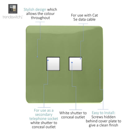Trendi Artistic Modern Glossy Tactile Telephone Socket + Cat 5e&Cat 6 RJ45 PC Socket Moss Green