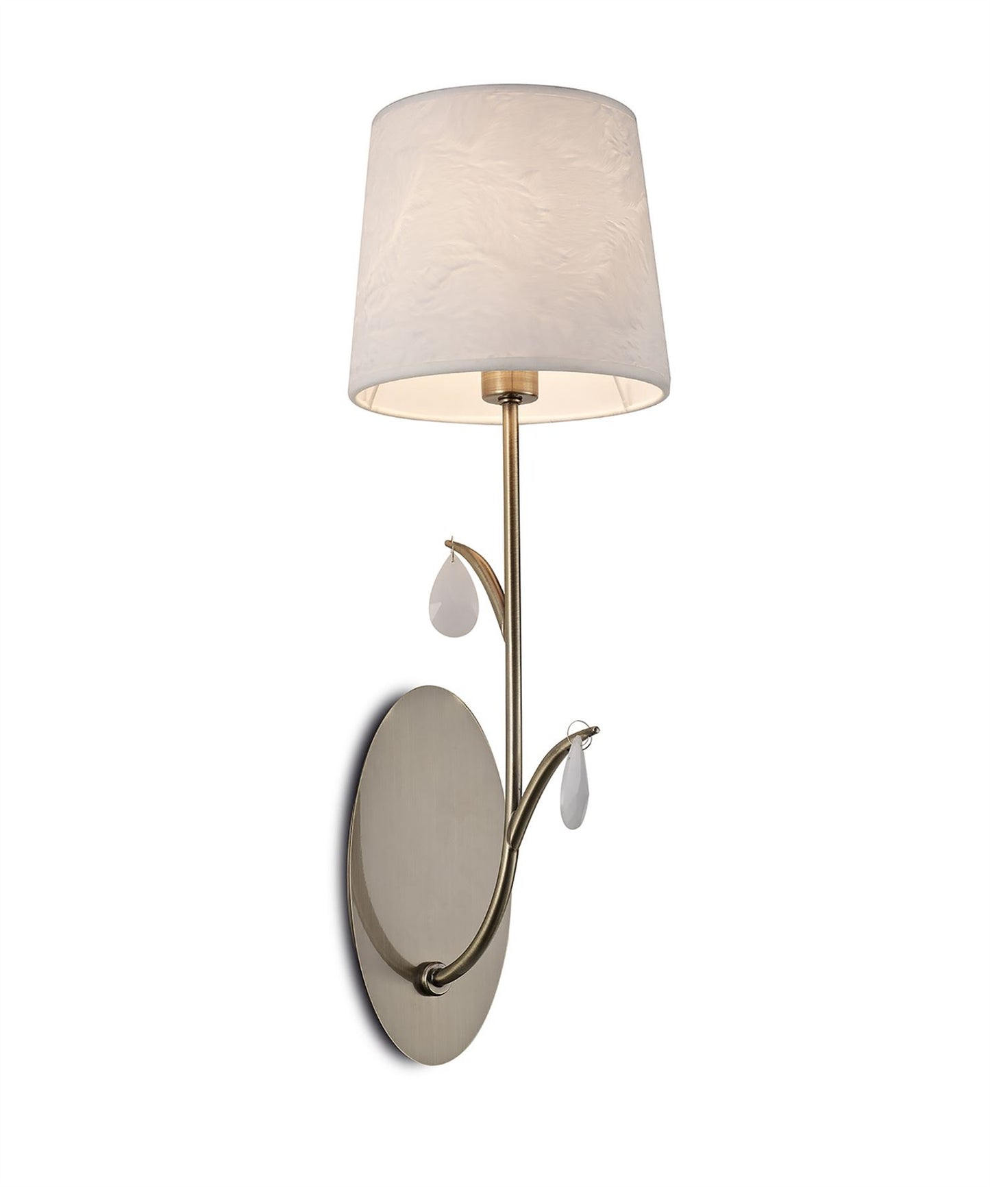 Mantra M6337 Andrea Wall Light, 1 x E14 (Max 20W), Antique Brass, White Shades, White Crystal Droplets