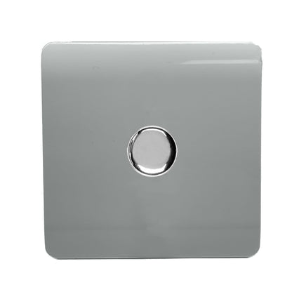 Trendi 1 Gang 2 Way 240V 100w LED Dimmer Screwless Raised Front Plate Plastic Artistic Modern Glossy 10 Amp Chrome Single Electrical Wall Light Switch in Platinum Silver - ART-LDMSI