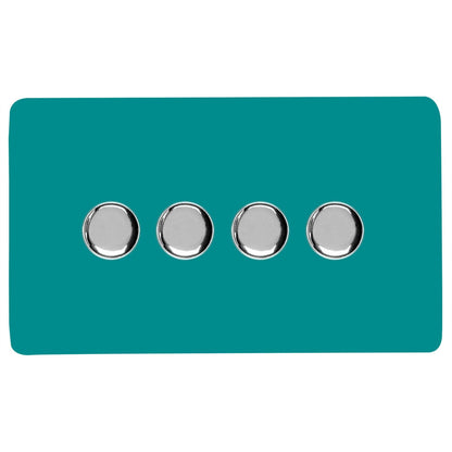 Trendi 4 Gang 2 Way 240V 100w LED Dimmer Screwless Raised Front Plate Plastic Artistic Modern Glossy 10 Amp Chrome Single Electrical Wall Light Switch in Bright Teal - ART-4LDMBT