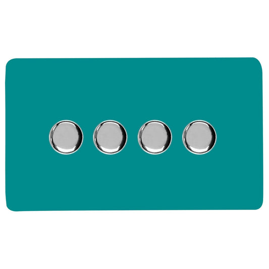Trendi 4 Gang 2 Way 240V 100w LED Dimmer Screwless Raised Front Plate Plastic Artistic Modern Glossy 10 Amp Chrome Single Electrical Wall Light Switch in Bright Teal - ART-4LDMBT