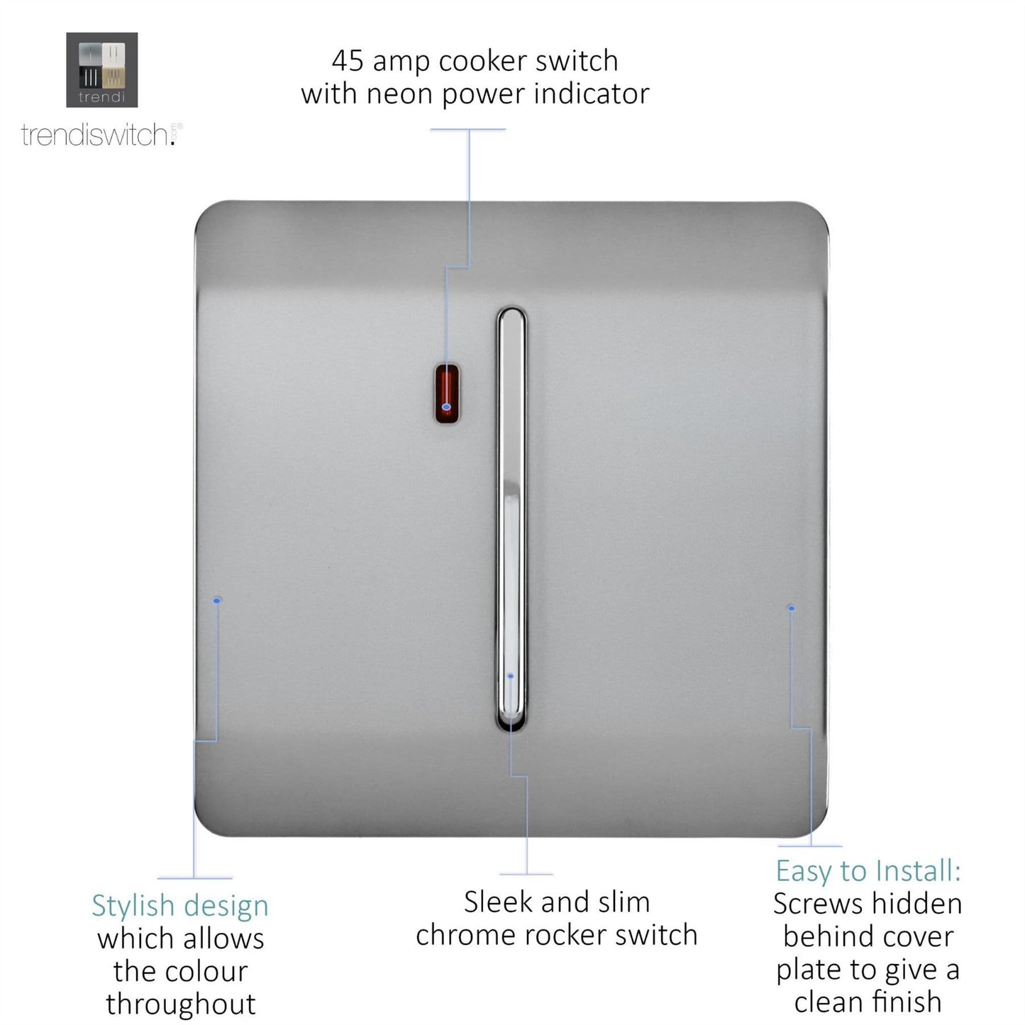 Trendi Artistic Modern Glossy 45 A Tactile Light Switch & Neon Insert Stainless Steel