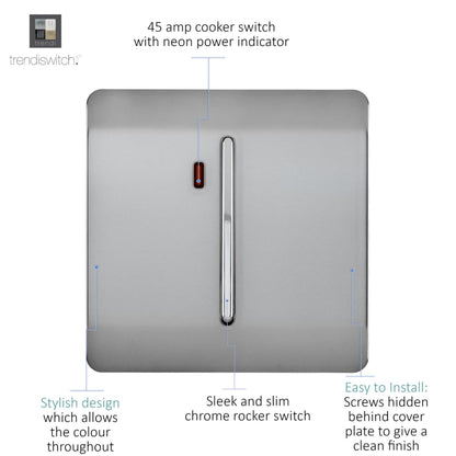 Trendi Artistic Modern Glossy 45 A Tactile Light Switch & Neon Insert Stainless Steel