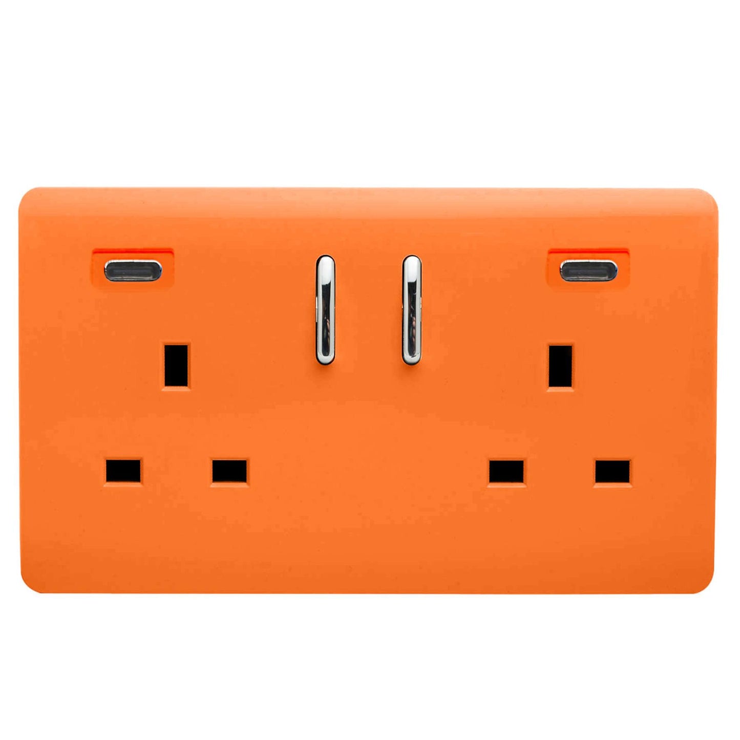 Orange Screwless 2 Gang Switched Double Socket 13A With 2 x USB-C 24W (Shared), (35mm Back Box Req.), 10yrs Warranty