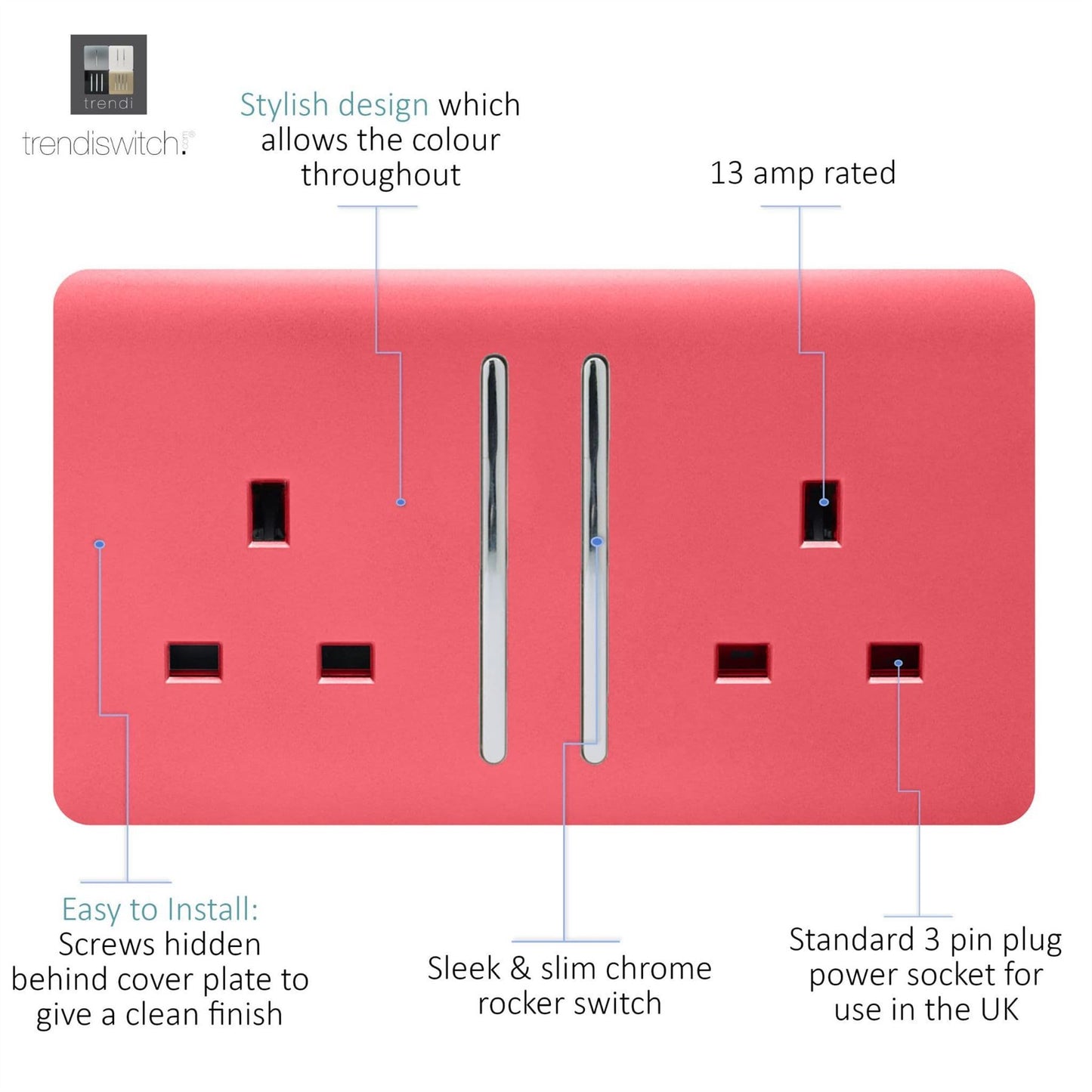 Trendi 2 Gang Raised Artistic Modern Glossy Screwless 13 Amp Single Pole with Chrome Switched UK Standard Electrical Double Wall Plug Socket in Strawberry Red - ART-SKT213LSB