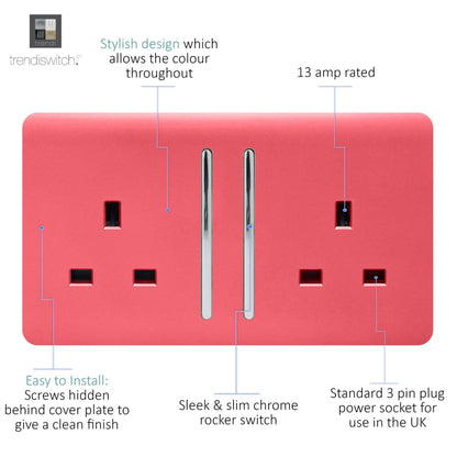 Trendi 2 Gang Raised Artistic Modern Glossy Screwless 13 Amp Single Pole with Chrome Switched UK Standard Electrical Double Wall Plug Socket in Strawberry Red - ART-SKT213LSB