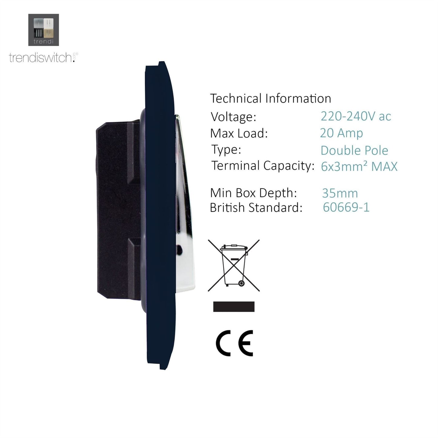 Trendi Artistic Modern Glossy 20 A Tactile Light Switch & Neon Insert Navy