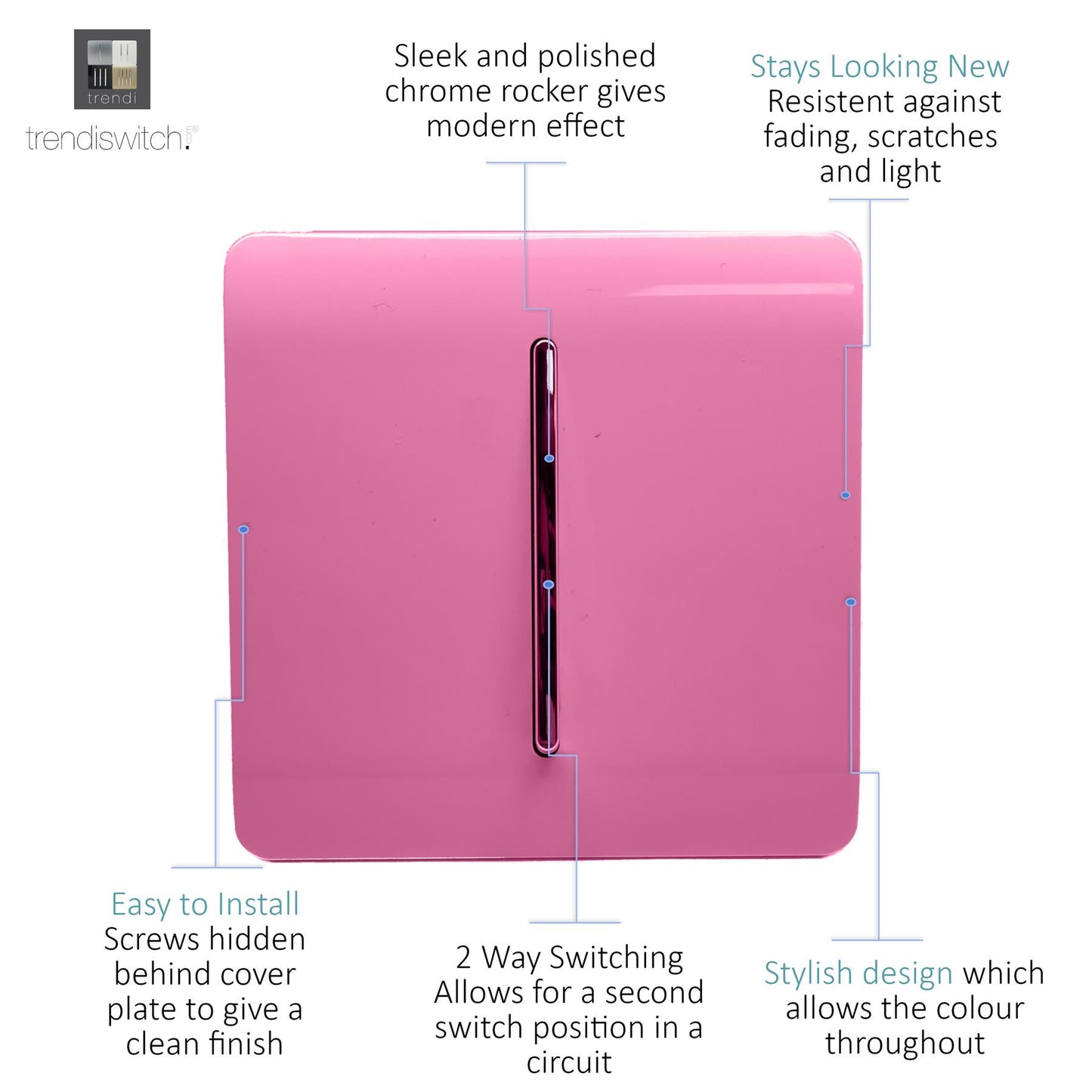 Trendi 1 Gang 2 Way 240V Screwless Artistic Modern Glossy 10 Amp Chrome Rocker Electrical Wall Light Switch in Candy Pink (5 pack)