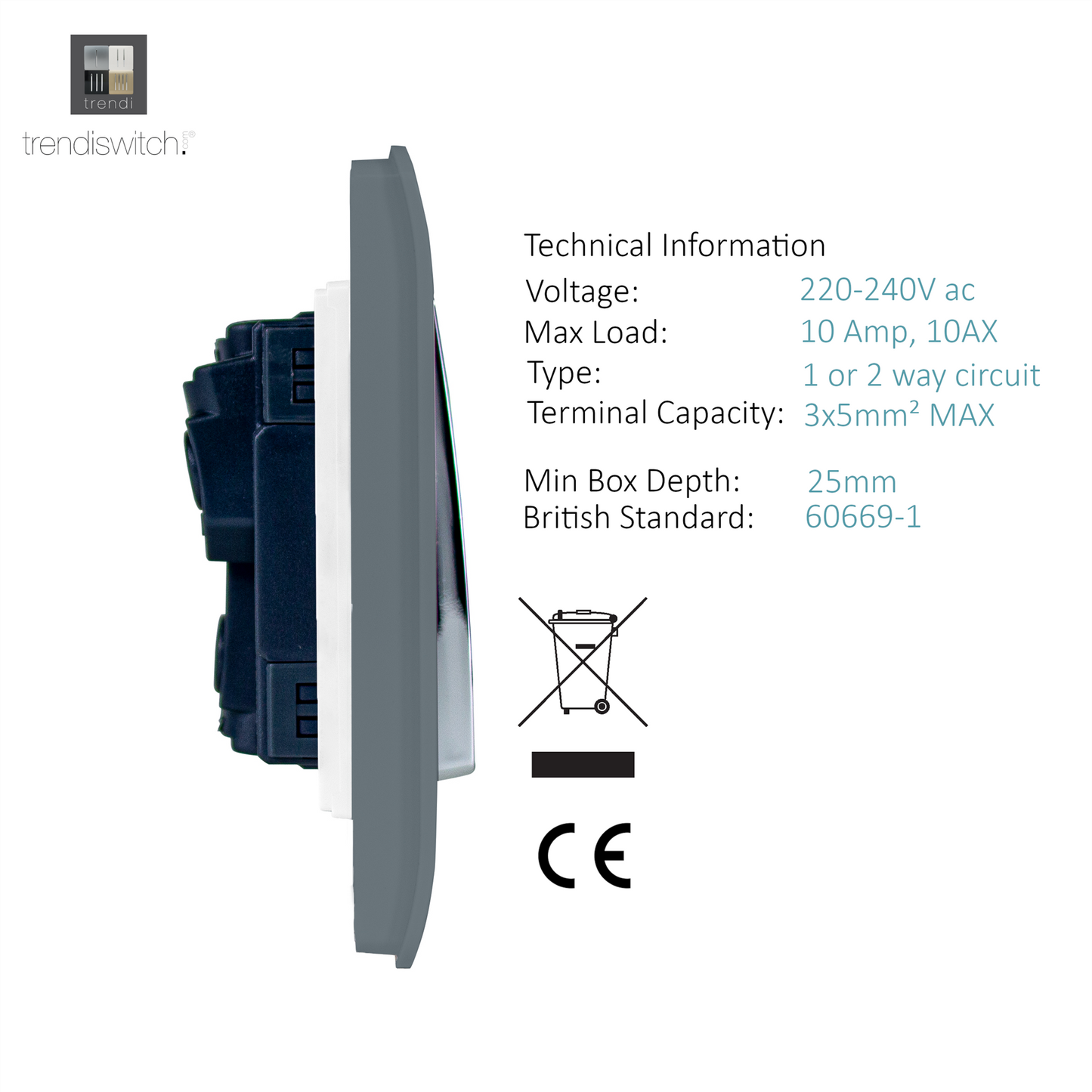 Trendi 1 Gang 2 Way 240V Screwless Raised Front Plate Plastic Artistic Modern Glossy 10 Amp Chrome Rocker Single Electrical Wall Light Switch  in Warm Grey