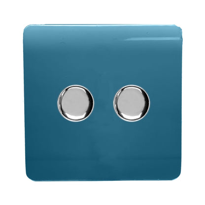 Trendi 2 Gang 2 Way 240V 100w LED Dimmer Screwless Raised Front Plate Plastic Artistic Modern Glossy 10 Amp Chrome Single Electrical Wall Light Switch in Ocean Blue - ART-2LDMOB