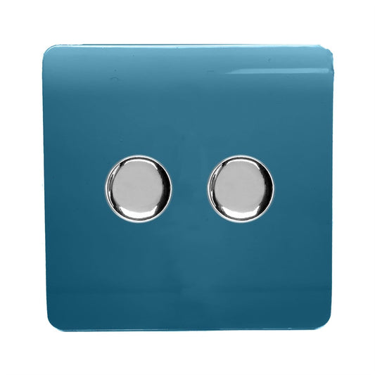 Trendi 2 Gang 2 Way 240V 100w LED Dimmer Screwless Raised Front Plate Plastic Artistic Modern Glossy 10 Amp Chrome Single Electrical Wall Light Switch in Ocean Blue - ART-2LDMOB
