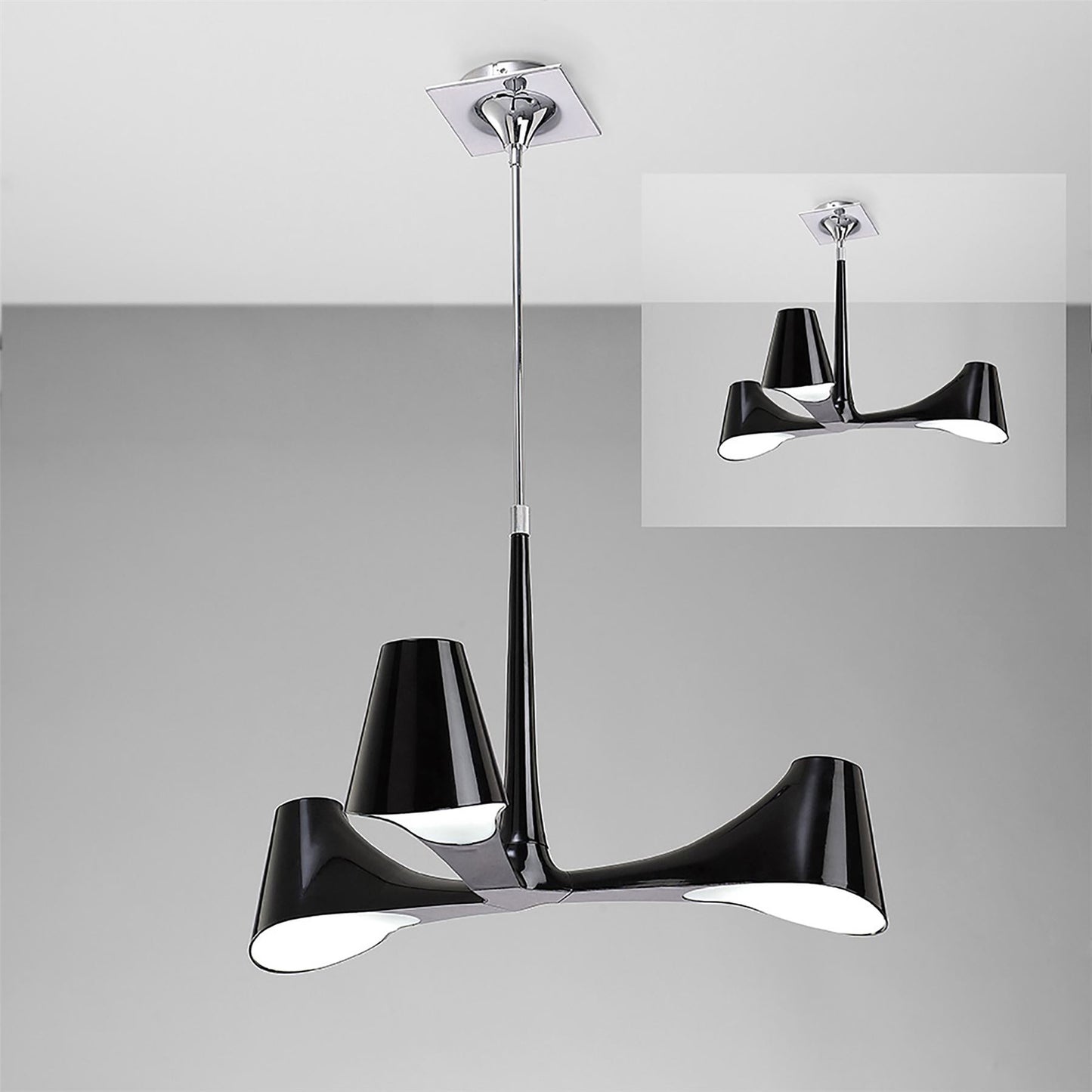 Mantra Ora 70cm Telescopic Convertible To Semi Flush 3 Light E27, Gloss Black/White Acrylic/Polished Chrome, CFL Lamps INCLUDED
