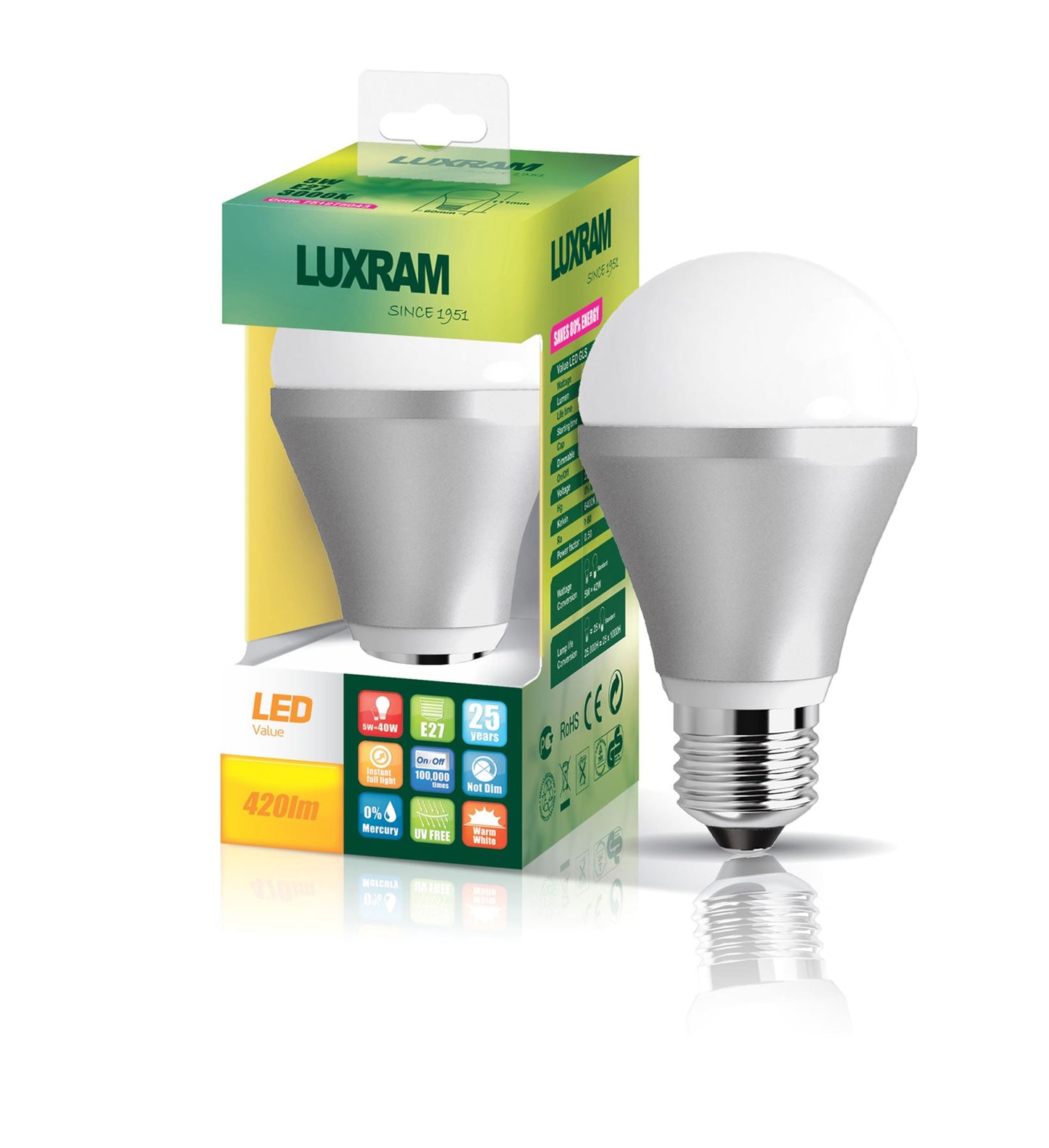 Luxram Value LED GLS E27 5W Natural White 4000K 420lm LED