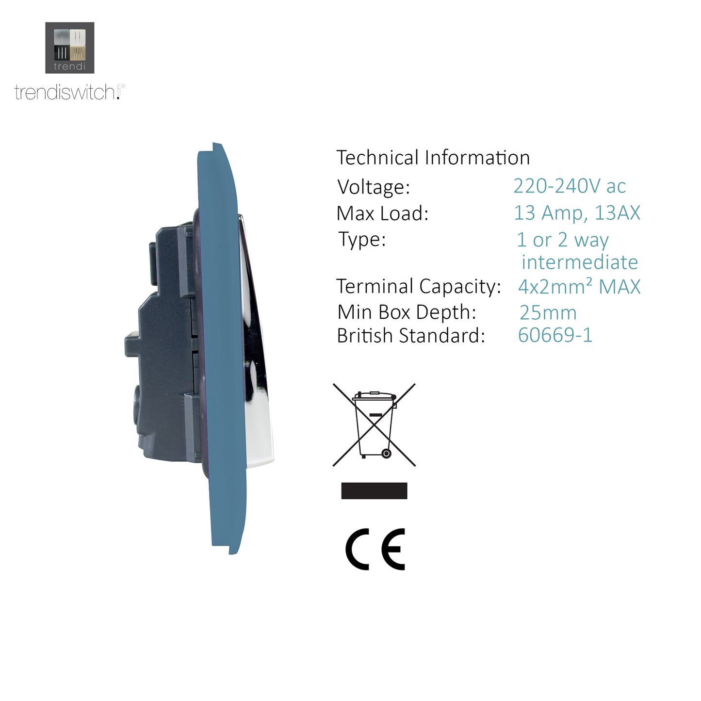 Trendi 2 Gang Artistic Modern Glossy 13 Amp Switched  Plug Socket Sky (3 Pack)