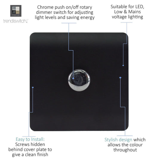 Trendi 1 Gang 2 Way 240V 100w LED Dimmer Screwless Raised Front Plate Plastic Artistic Modern Glossy 10 Amp Chrome Single Electrical Wall Light Switch in Matt Black - ART-LDMMBK