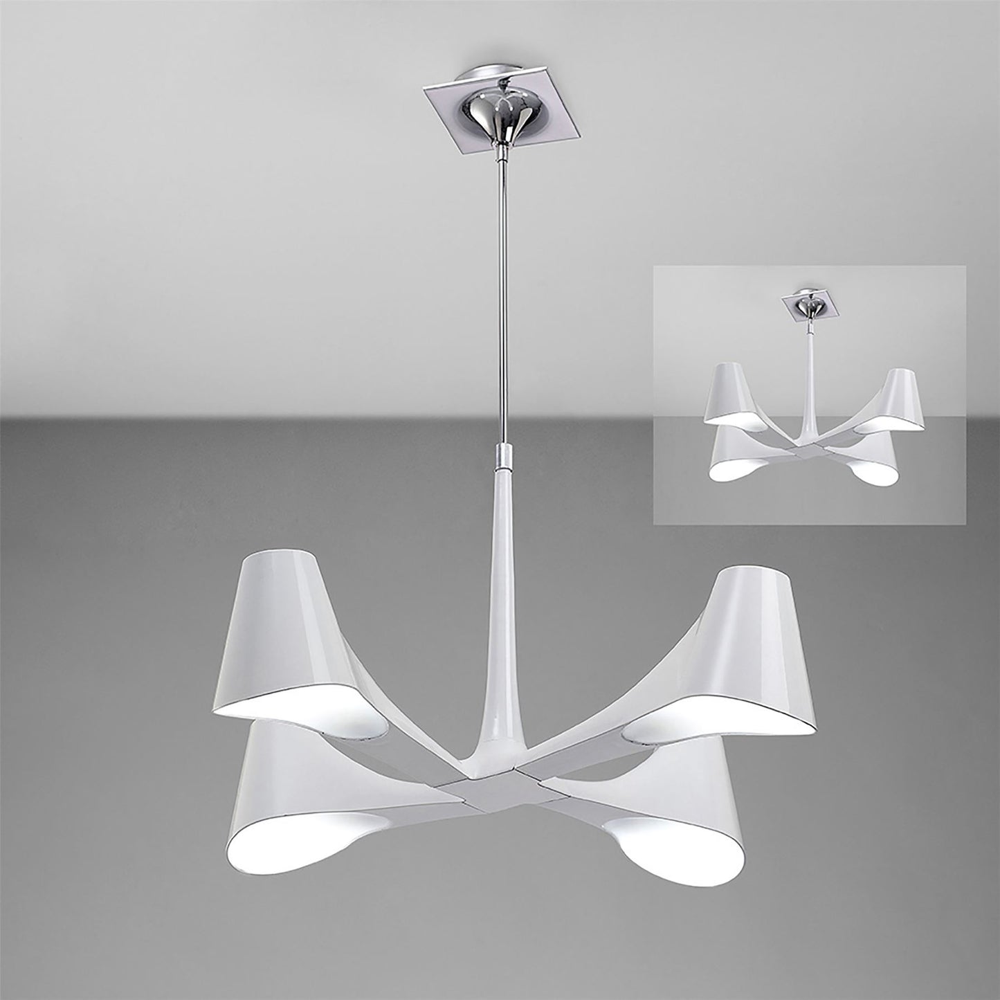 Mantra Ora 72cm Telescopic Convertible To Semi Flush 4 Light E27, Gloss White/White Acrylic/Polished Chrome, CFL Lamps INCLUDED