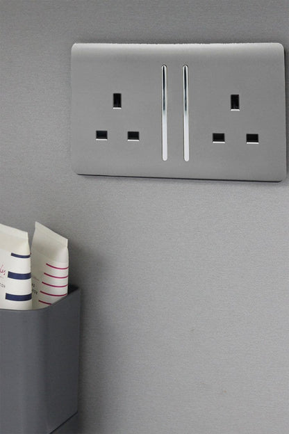 Trendi 2 Gang Raised Artistic Modern Glossy Screwless 13 Amp Single Pole with Chrome Switched UK Standard Electrical Double Wall Plug Socket in Light Grey - ART-SKT213LLG