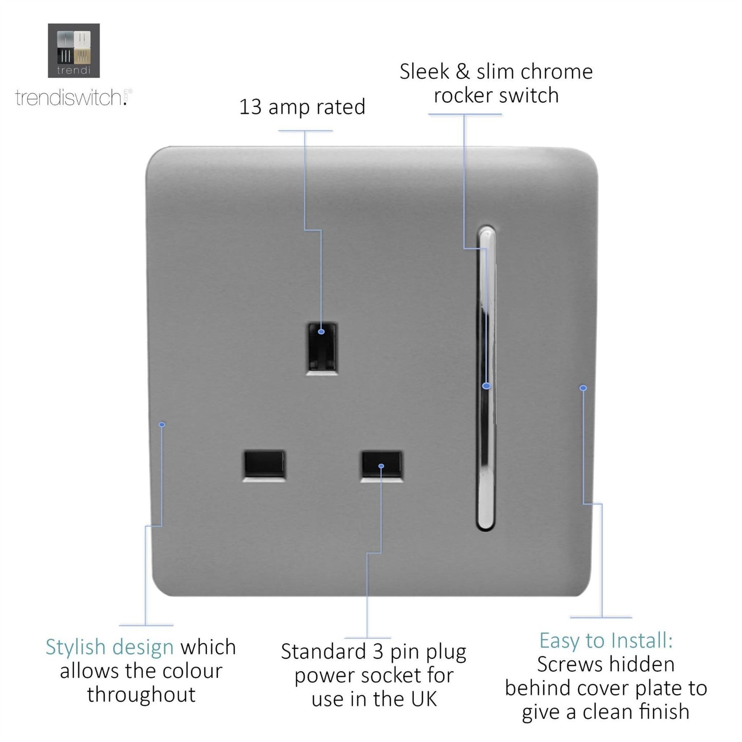 Trendi 1 Gang Artistic Modern Glossy 13 Amp Switched Tactile Plug Socket Light Grey