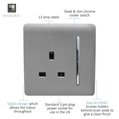 Trendi 1 Gang Artistic Modern Glossy 13 Amp Switched Tactile Plug Socket Light Grey