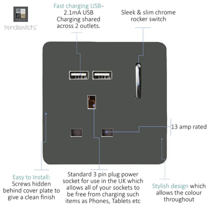Trendi 1 Gang Artistic Modern Glossy 13 Amp 2x2.1mA USB Switched Tactile Charcoal