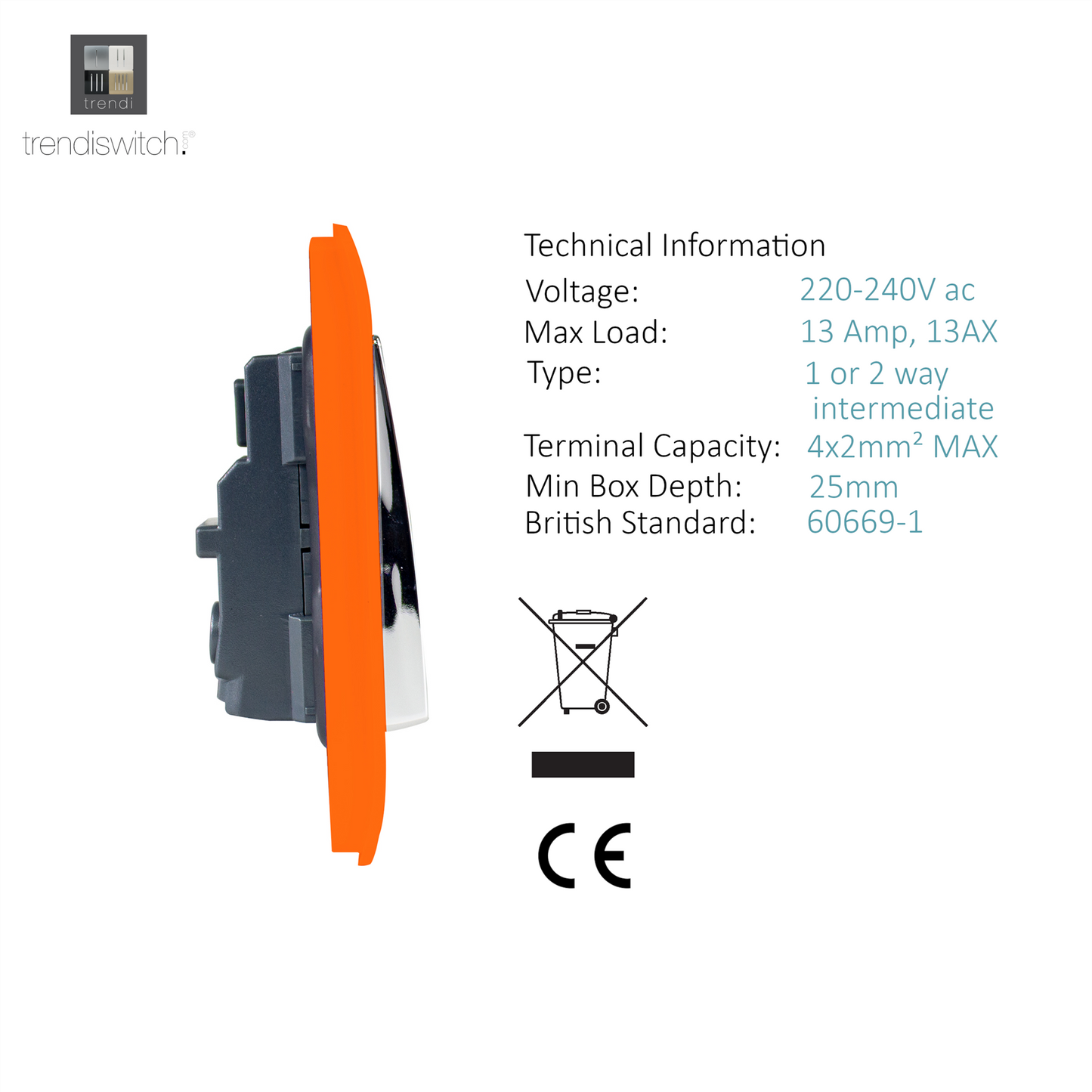 Trendi 2 Gang Artistic Modern Glossy 13 Amp Switched  Plug Socket Orange (3 Pack)
