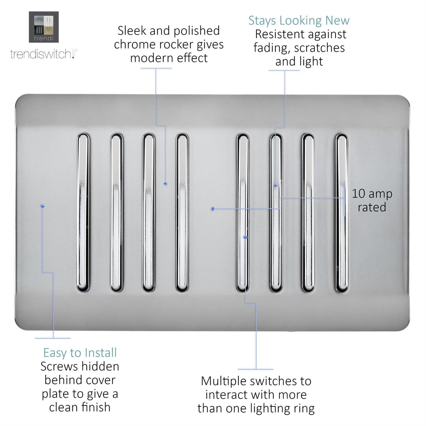 Trendi Artistic Modern Glossy 8 Gang 2 Way Rocker Double Plate Light Switch in Stainless Steel