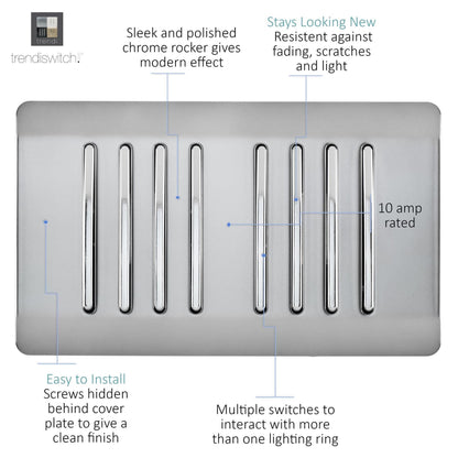 Trendi Artistic Modern Glossy 8 Gang 2 Way Rocker Double Plate Light Switch in Stainless Steel