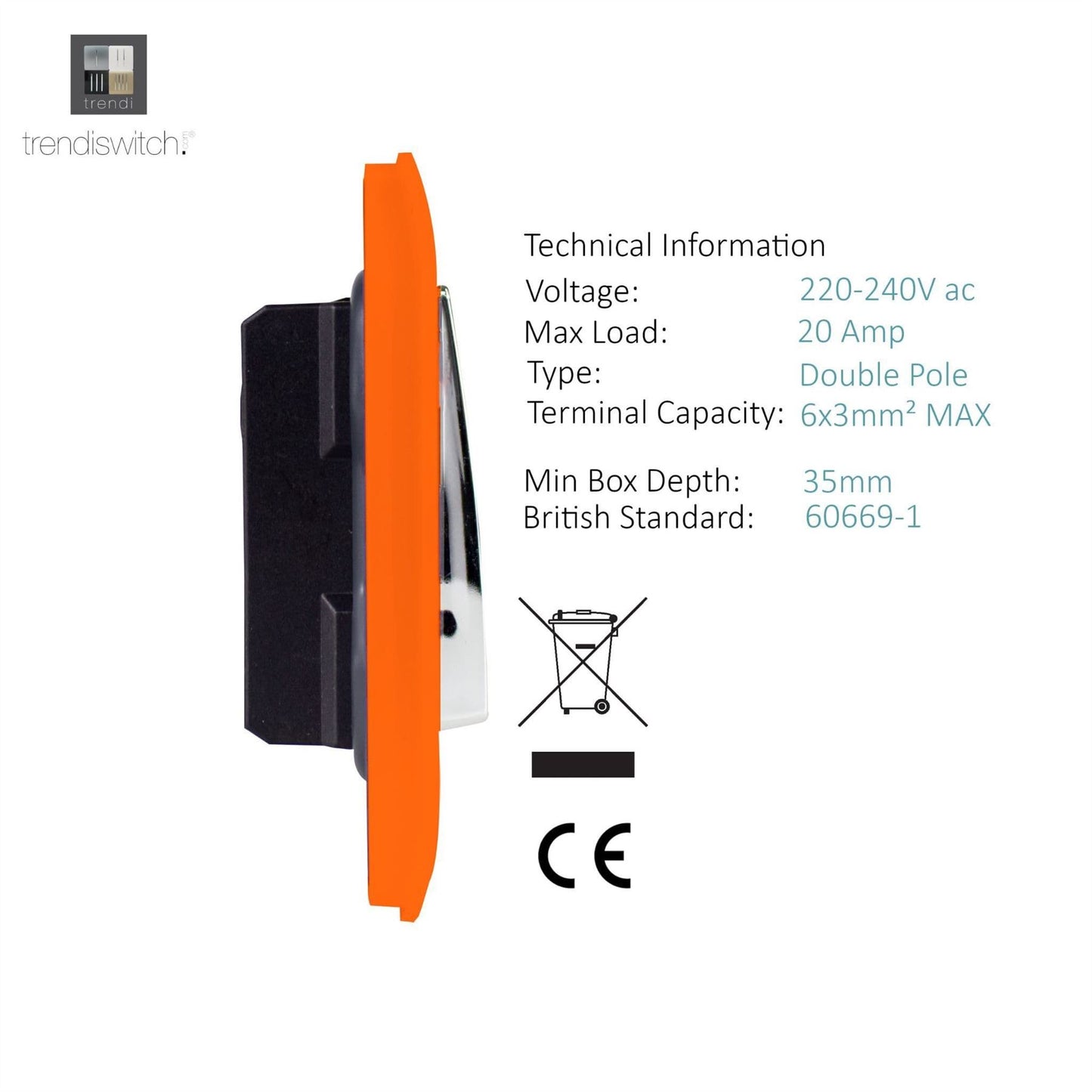 Trendi Artistic Modern Glossy 20 A Tactile Light Switch & Neon Insert Orange