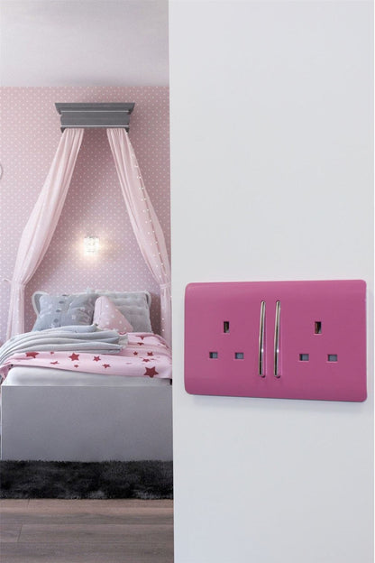 Trendi 2 Gang Raised Artistic Modern Glossy Screwless 13 Amp Single Pole with Chrome Switched UK Standard Electrical Double Wall Plug Socket in Candy Pink - ART-SKT213LPK