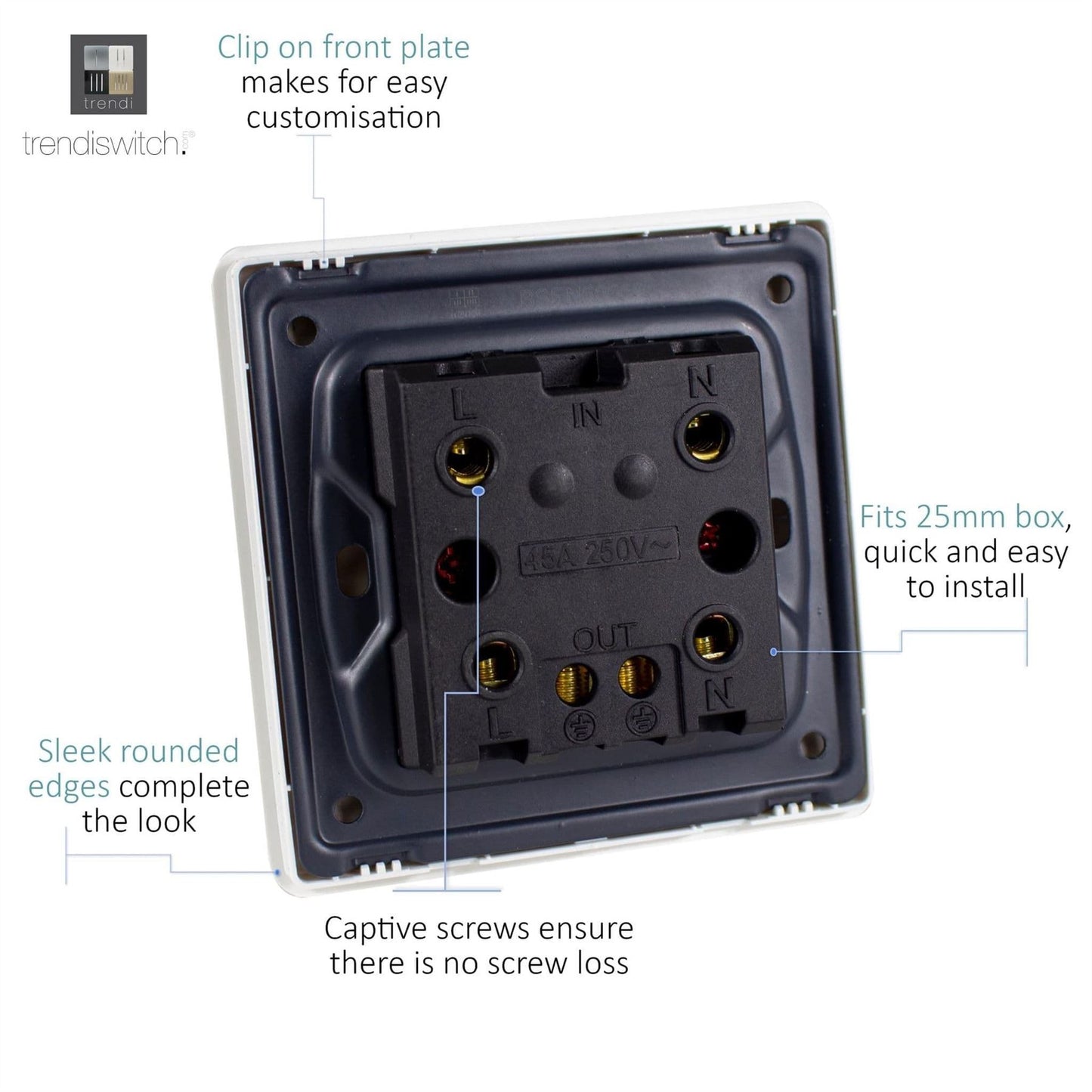 Trendi  45 A Cooker Light Switch & Neon Insert Matt Black Soft Touch