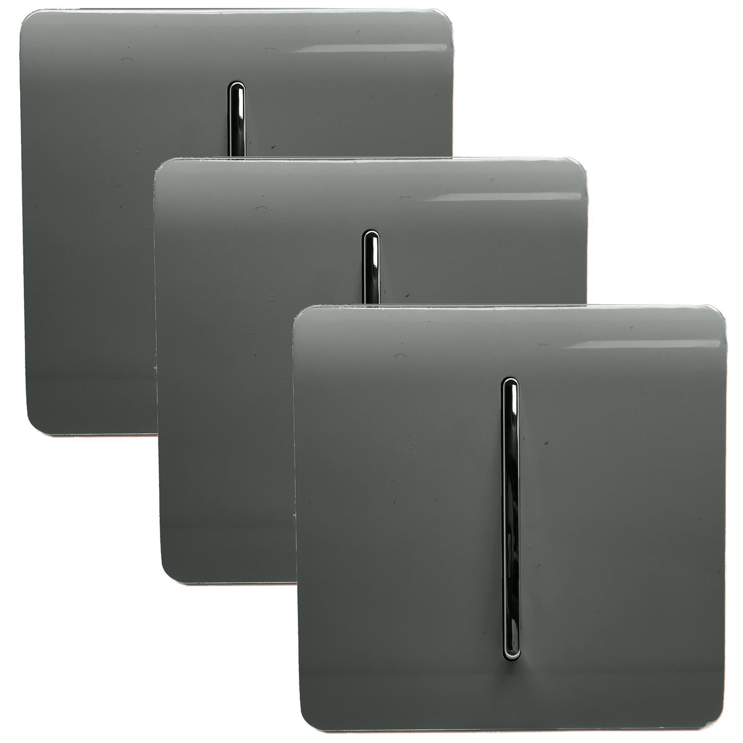 Trendi 1 Gang 2 Way 240V Screwless Artistic Modern Glossy 10 Amp Chrome Rocker Electrical Wall Light Switch in Charcoal Grey ( 3 pack)
