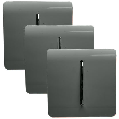 Trendi 1 Gang 2 Way 240V Screwless Artistic Modern Glossy 10 Amp Chrome Rocker Electrical Wall Light Switch in Charcoal Grey ( 3 pack)