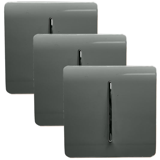 Trendi 1 Gang 2 Way 240V Screwless Artistic Modern Glossy 10 Amp Chrome Rocker Electrical Wall Light Switch in Charcoal Grey ( 3 pack)