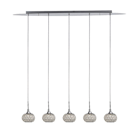 Diyas Chelsie Linear  5 Light G9 Line Polished Chrome/Clear Beaded Glass Ceiling Pendant Light Fitting