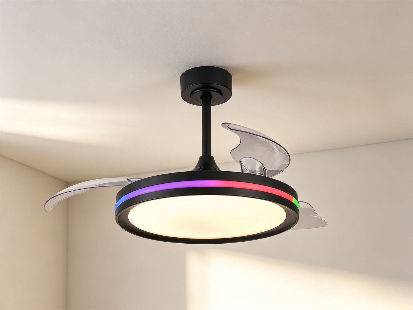 Rafaga 50W LED Dimmable White/RGB Ceiling Light With Built-In 30W DC Reversible Fan, Remote Control 3000-6500K, 3200lm, Black, 5yrs Warranty