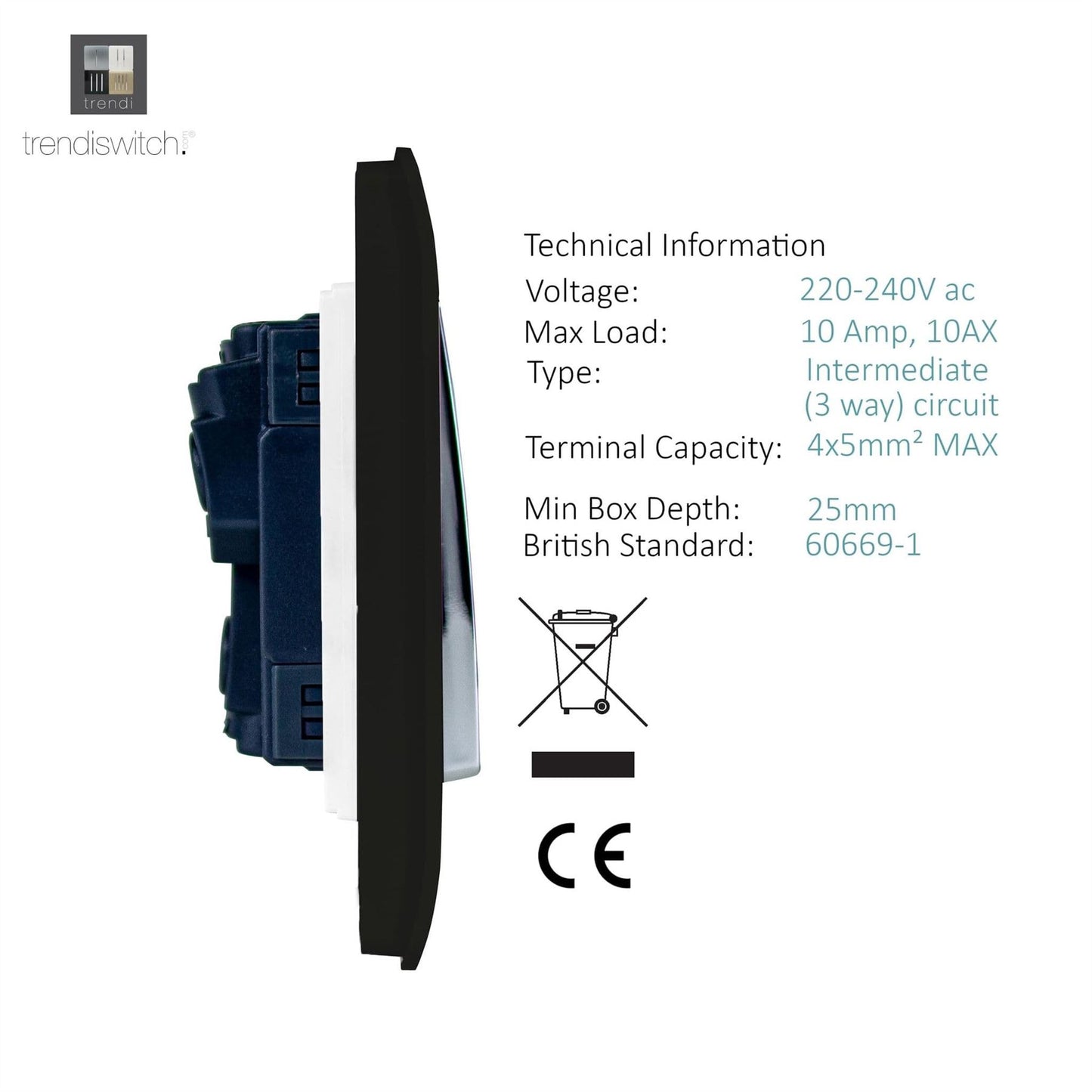 Trendi 2 Gang (2 Way & 3 way Intermediate) 240V Screwless Raised Front Plate Plastic Artistic Modern Glossy 10 Amp Chrome Rocker Double Electrical Wall Light Switch Piano Black - ART-SS29BK