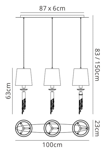 Mantra M3855 Tiffany Linear Pendant 3+3 Light E27+G9 Line, Polished Chrome with White Shades & Clear Crystal