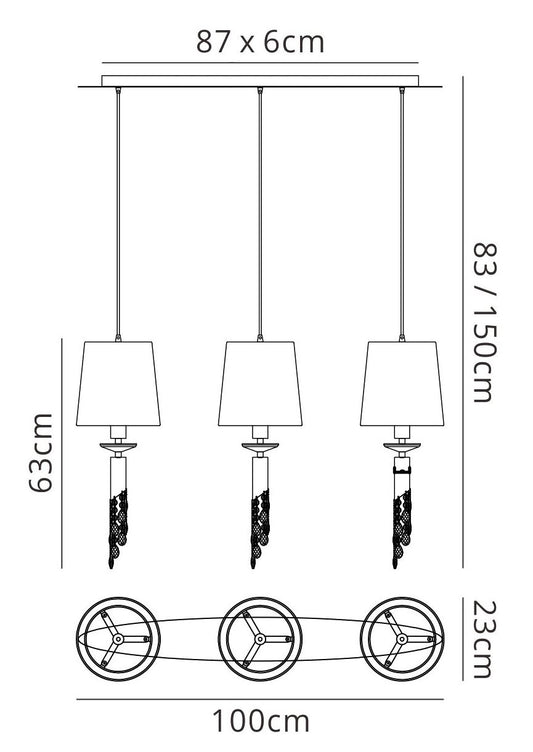Mantra M3855 Tiffany Linear Pendant 3+3 Light E27+G9 Line, Polished Chrome with White Shades & Clear Crystal