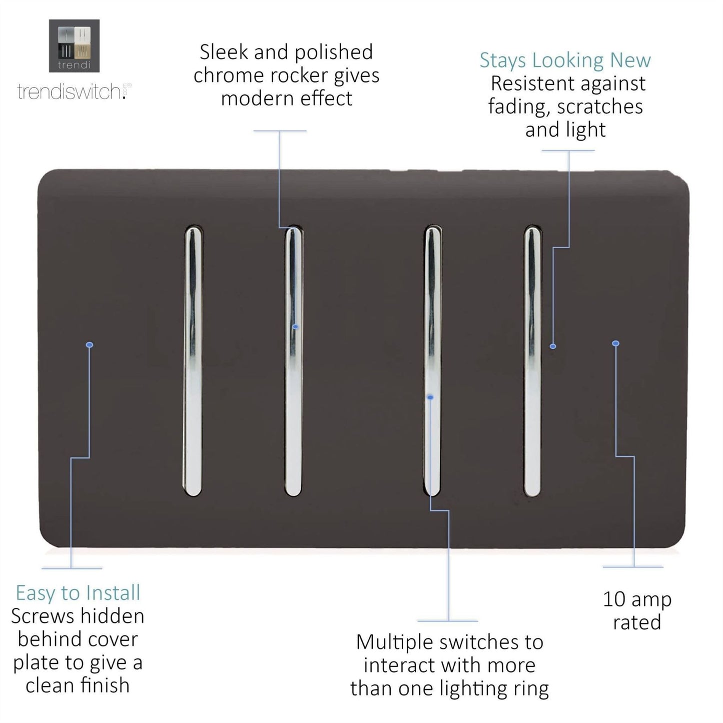 Trendi 4 Gang 3 Way Intermediate Artistic Modern Glossy 10 Amp Rocker Light Switch Dark Brown