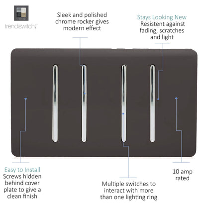 Trendi 4 Gang 3 Way Intermediate Artistic Modern Glossy 10 Amp Rocker Light Switch Dark Brown