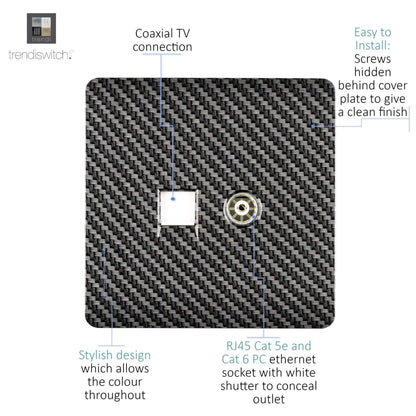 Trendi Switch 2 Gang TV Co-Axial & RJ45 Cat 5e Modern Designer PC Ethernet Sockets in Carbon Fibre