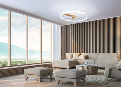 Nepal 105cm 75W LED Dimmable Ceiling Light With Built-In 35W DC Reversible Fan, White/Wood Finish c/w Remote, APP & Alexa/Google Voice Control, 7200lm