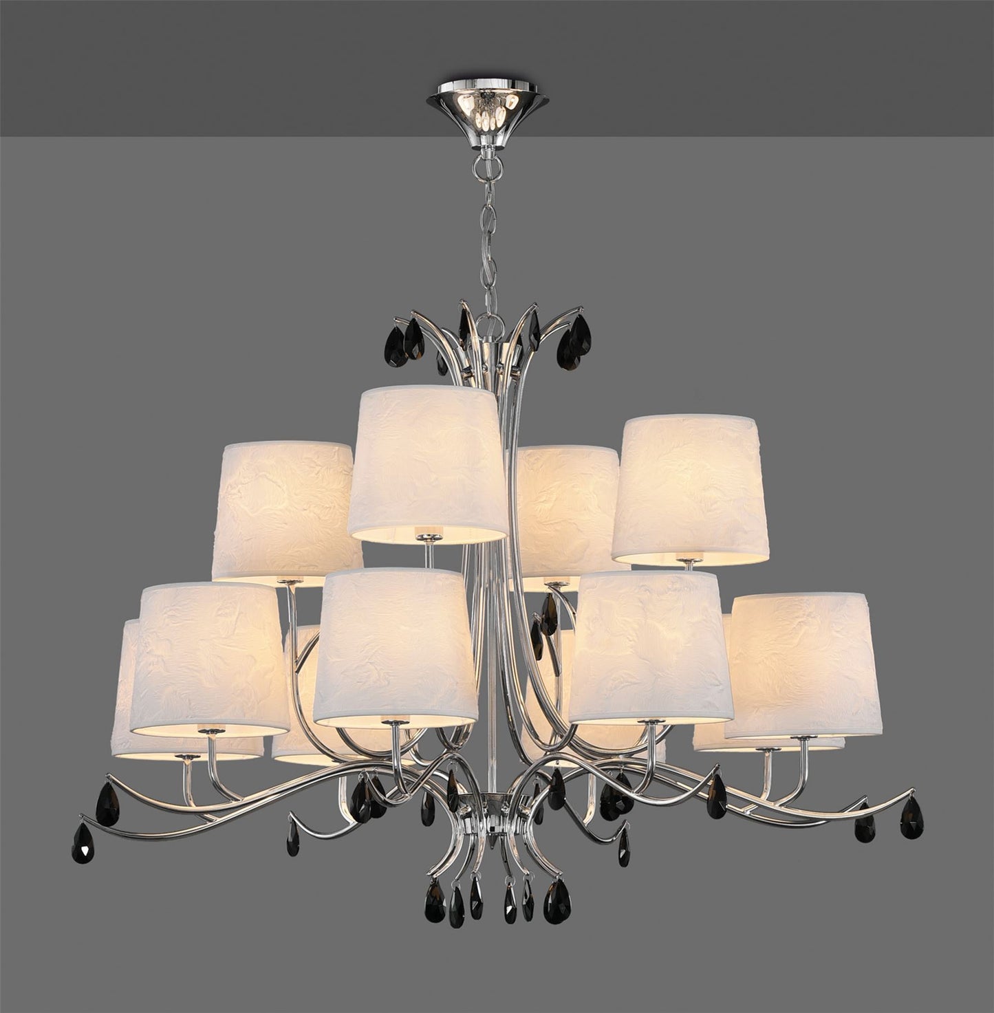 Mantra M6310 Andrea Pendant 100cm Round, 8+4 x E14 (Max 20W), Polished Chrome, White Shades, Black Crystal Droplets