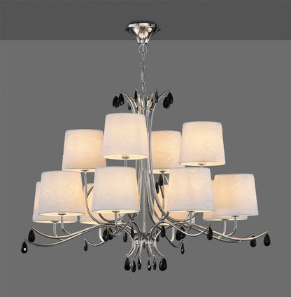 Mantra M6310 Andrea Pendant 100cm Round, 8+4 x E14 (Max 20W), Polished Chrome, White Shades, Black Crystal Droplets