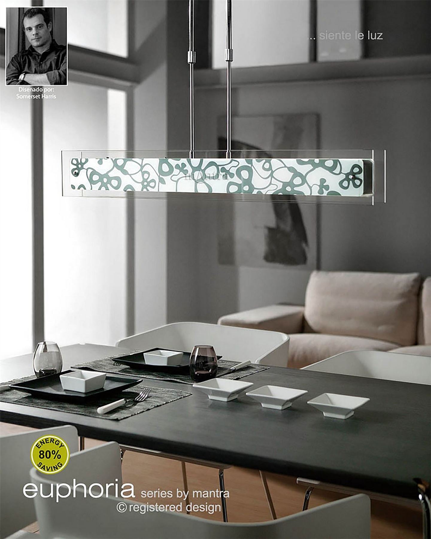 Mantra Euphoria Linear Pendant 2 Light T5, Polished Chrome, Opal White Glass, NOT LED, CFL Compatible